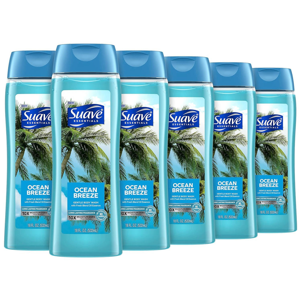 Suave Ocean Breeze body wash bottle highlights refreshing scent and moisturizing formula