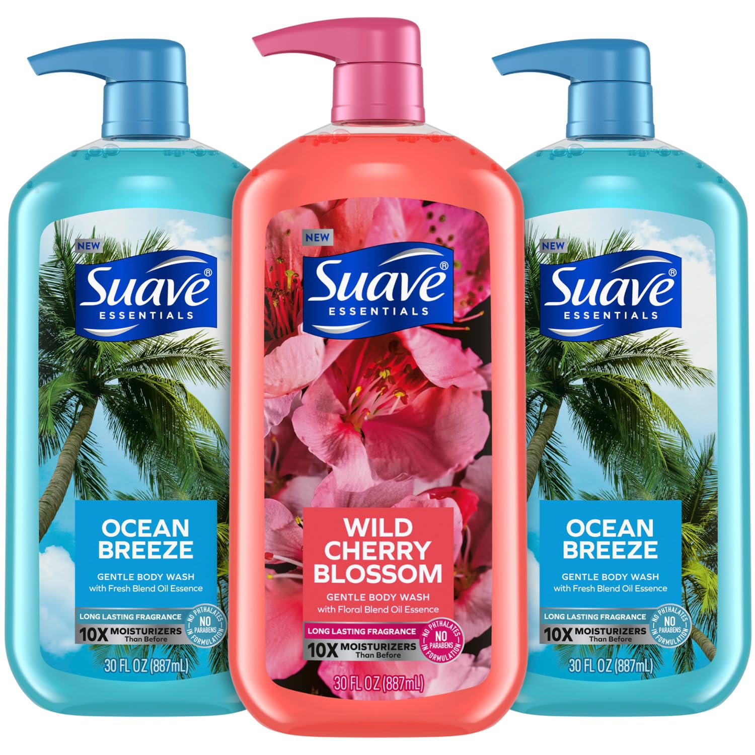 Suave Ocean Breeze bottle front announcing refreshing daily shower experience