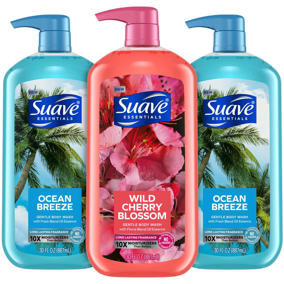Suave Ocean Breeze bottle front announcing refreshing daily shower experience