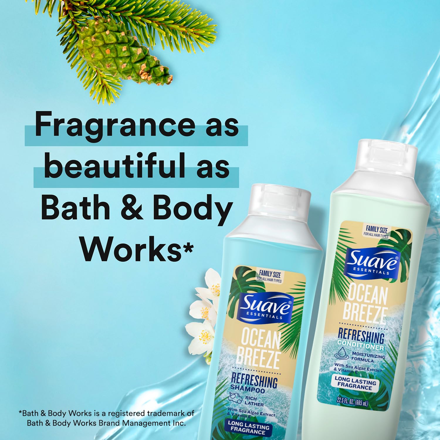 Suave Ocean Breeze conditioner bottle pour nourishes hair for soft, manageable results.
