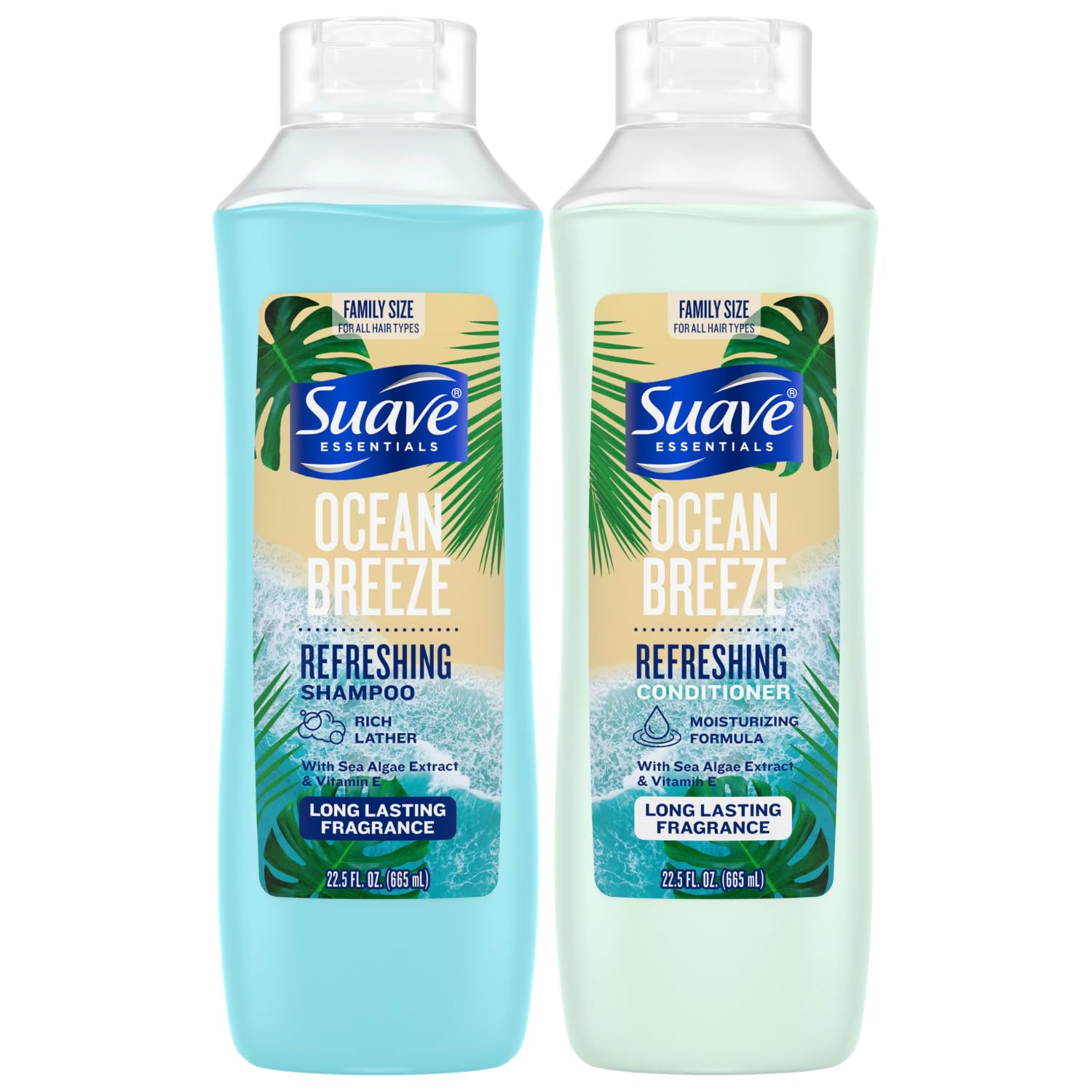Suave Ocean Breeze shampoo bottle pour delivering refreshing hydration during daily showers.
