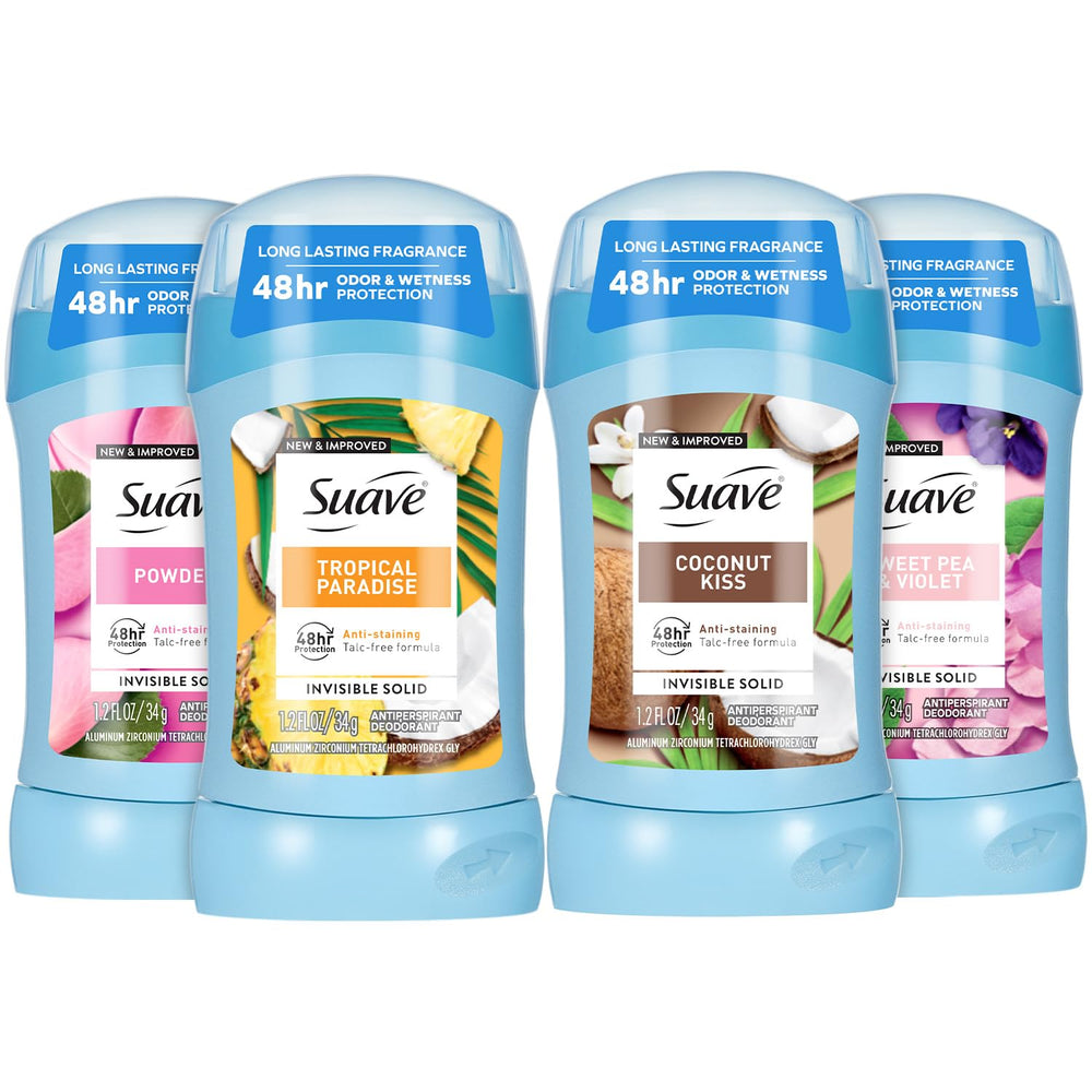 Suave powder deodorant stick in a 4-pack for all-day freshness.