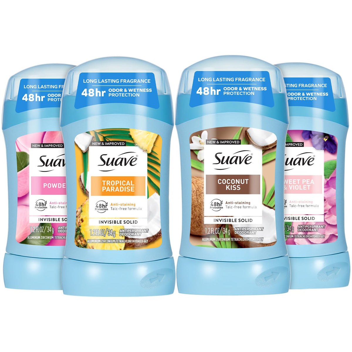 Suave powder deodorant stick in a 4-pack for all-day freshness.