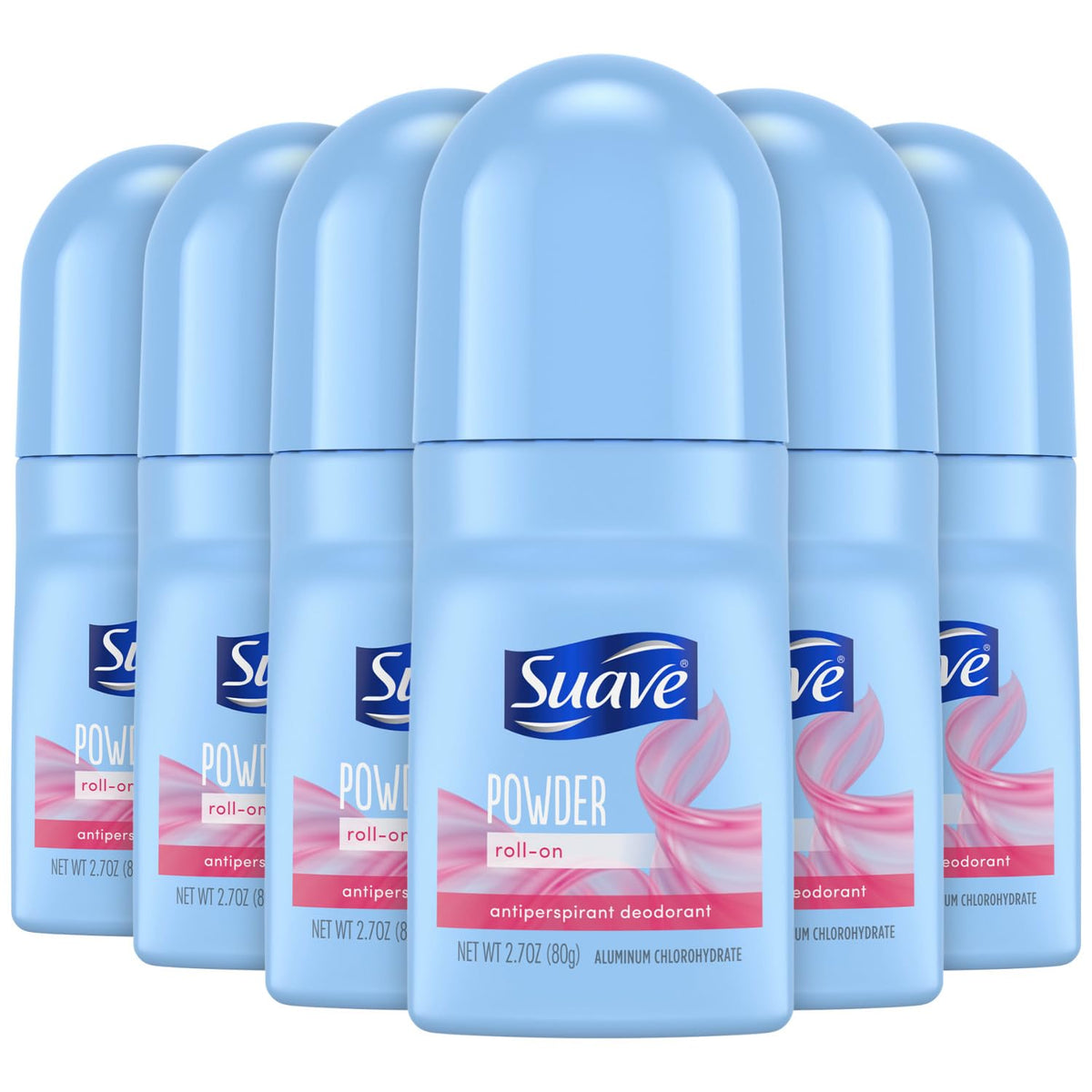 Suave Powder Roll-On Deodorant bottle shown for all-day protection and fresh scent.