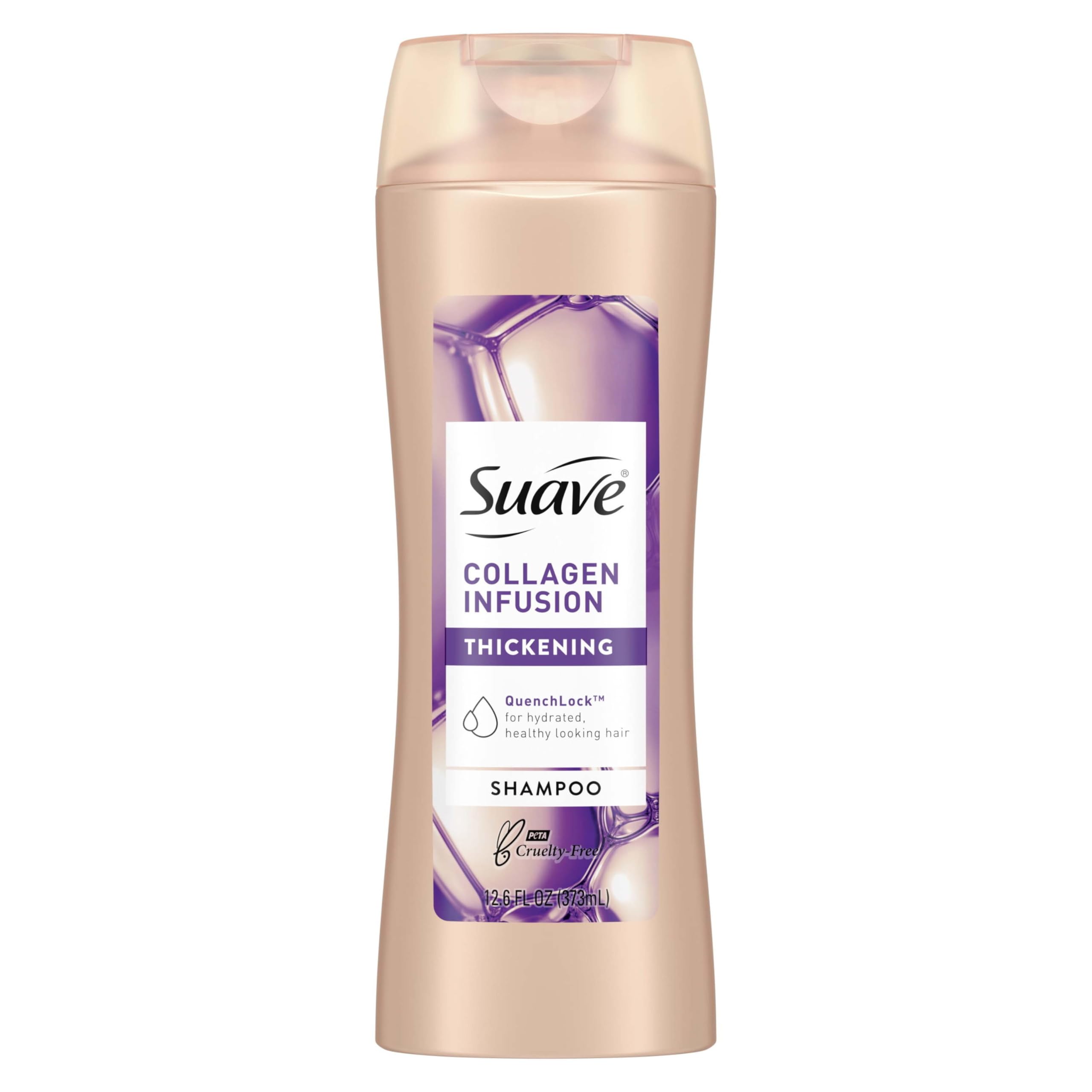 Suave Professionals Collagen Infusion shampoo bottle closeup showing volumizing formula for fine hair and root lift