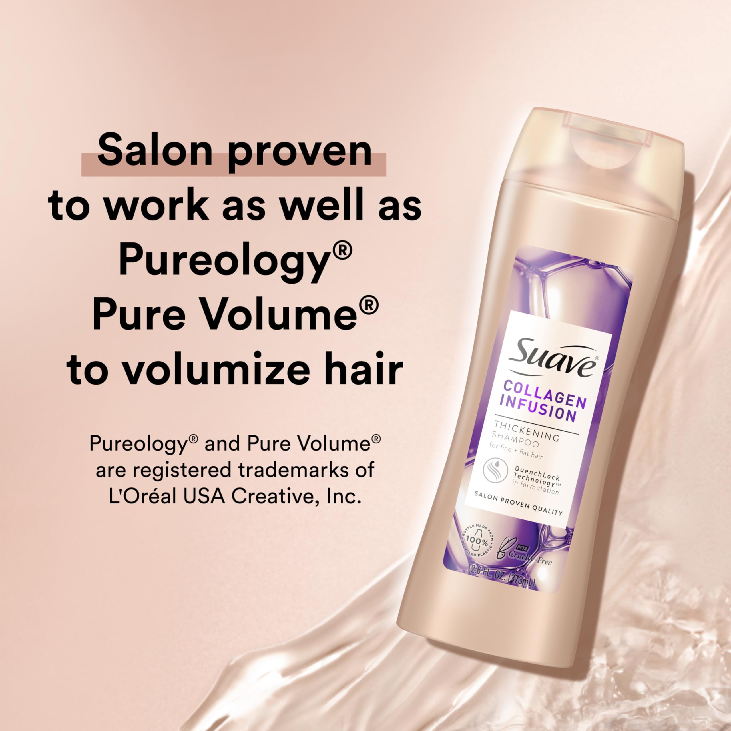 Suave Professionals Collagen Infusion shampoo pump bottle on sink illustrates easy daily use
