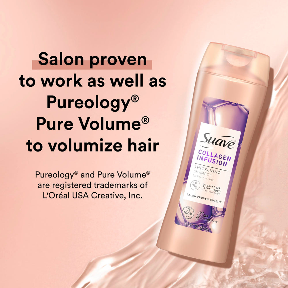 Suave Professionals Collagen Infusion shampoo pump bottle on sink illustrates easy daily use