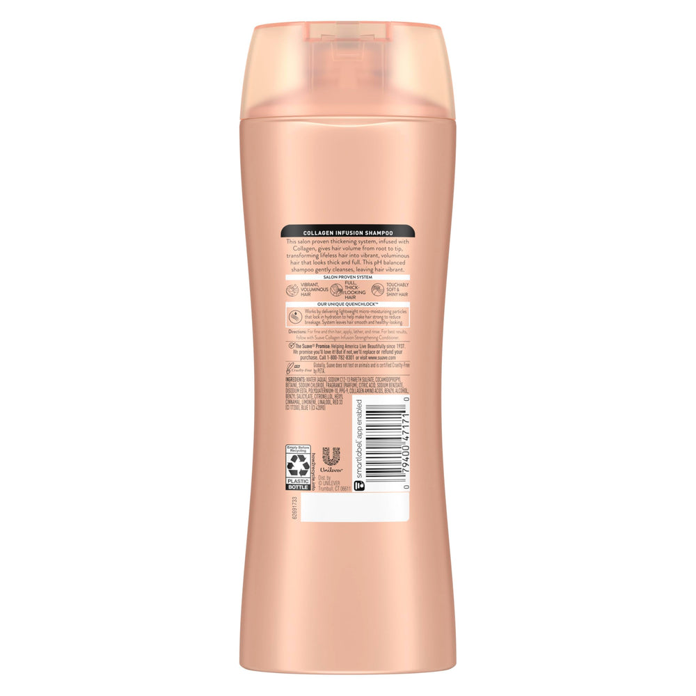 Suave Professionals Collagen Infusion shampoo packaging on display signals salon-proven volumizing potential