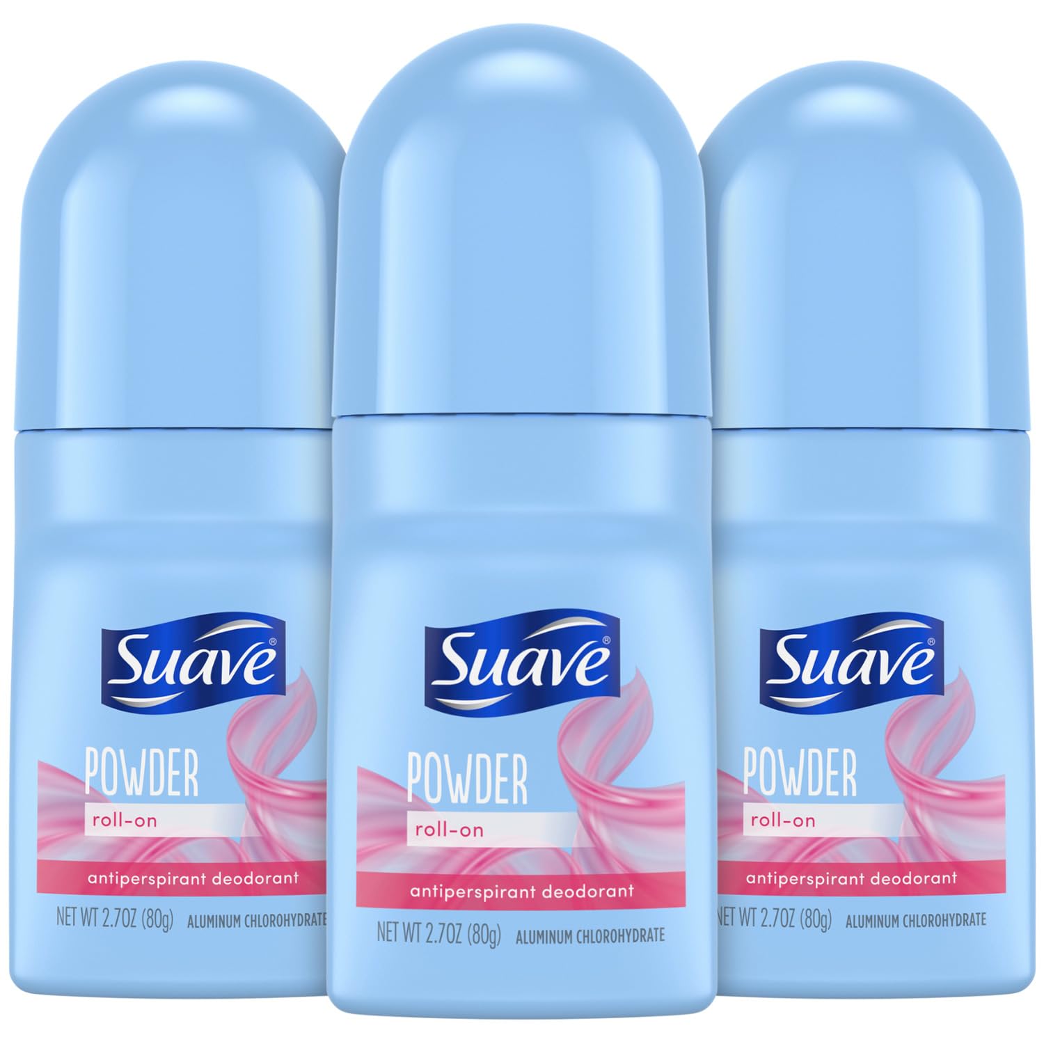 Suave Roll-On Women Powder Fresh Pack image showing 3 x 2.7 oz bottles for all-day protection.