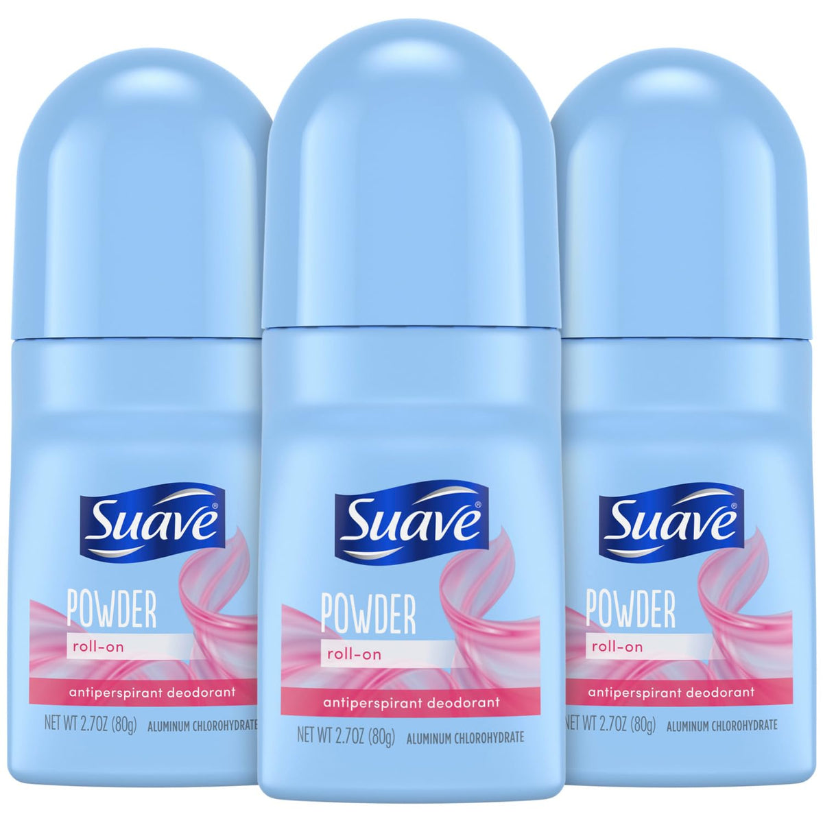 Suave Roll-On Women Powder Fresh Pack image showing 3 x 2.7 oz bottles for all-day protection.