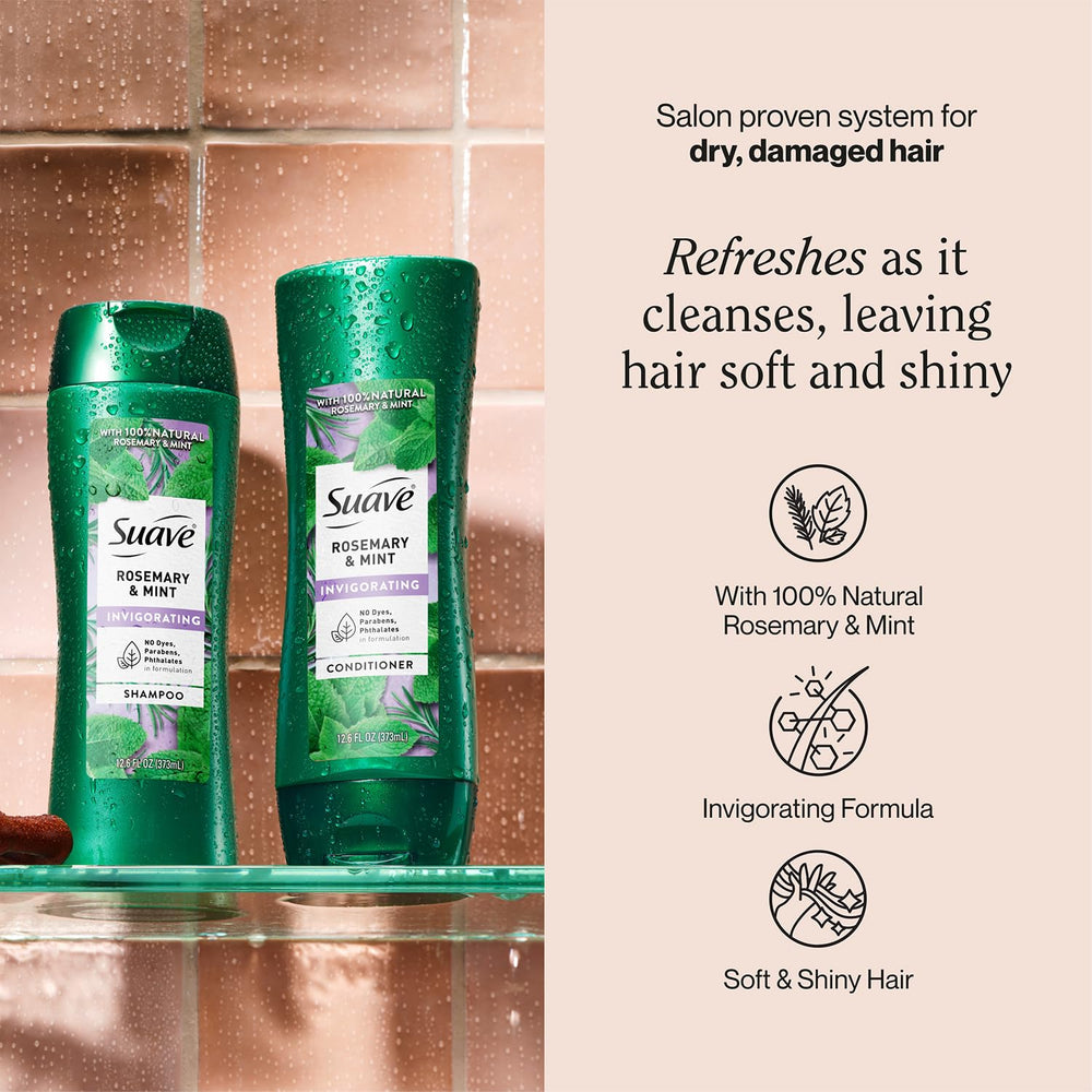 Suave Rosemary Mint conditioner bottle offers hydrating care for smoother strands.