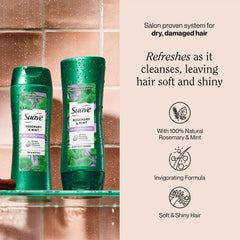 Suave Rosemary Mint conditioner bottle offers hydrating care for smoother strands.