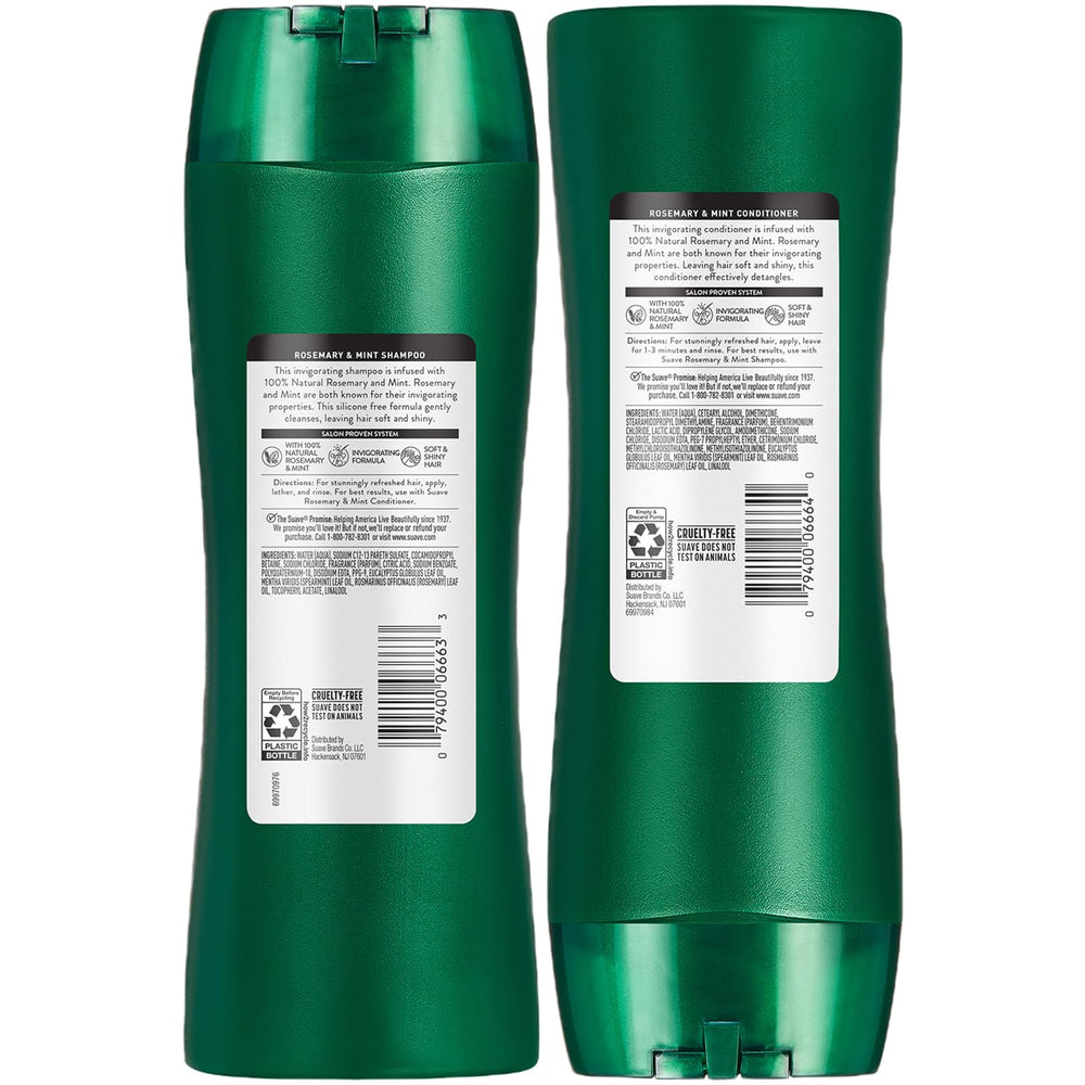 Hair care close-up with Suave Rosemary Mint emphasizes natural rosemary and mint benefits.