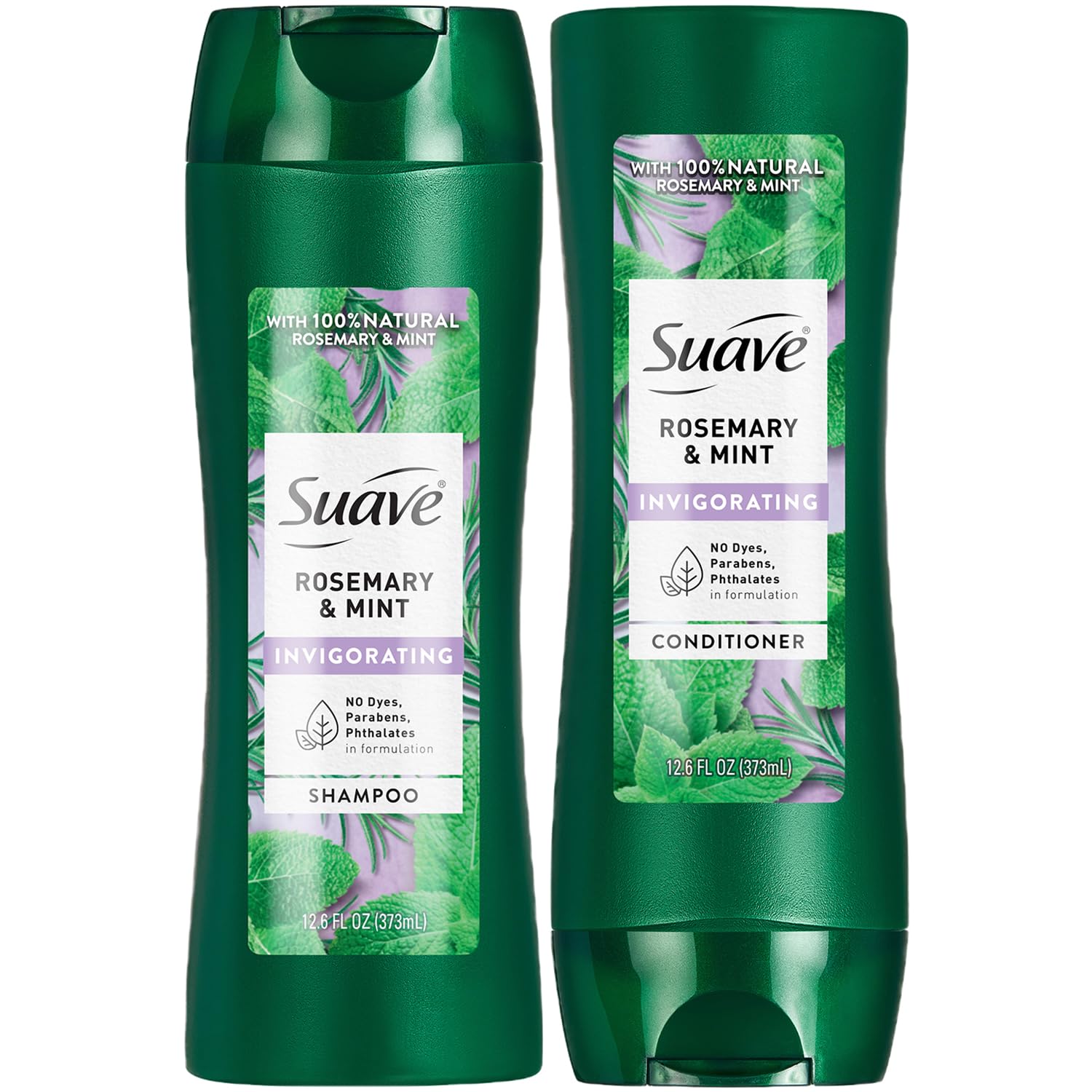 Suave Rosemary Mint shampoo bottle provides invigorating cleanse for refreshed hair.