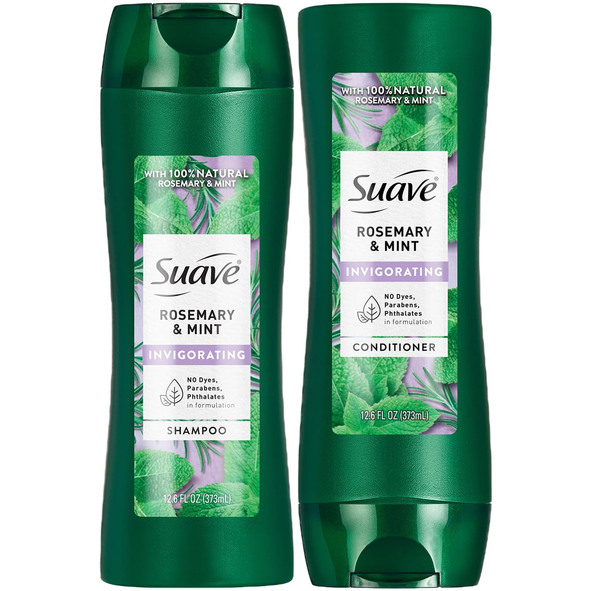 Suave Rosemary Mint shampoo bottle provides invigorating cleanse for refreshed hair.