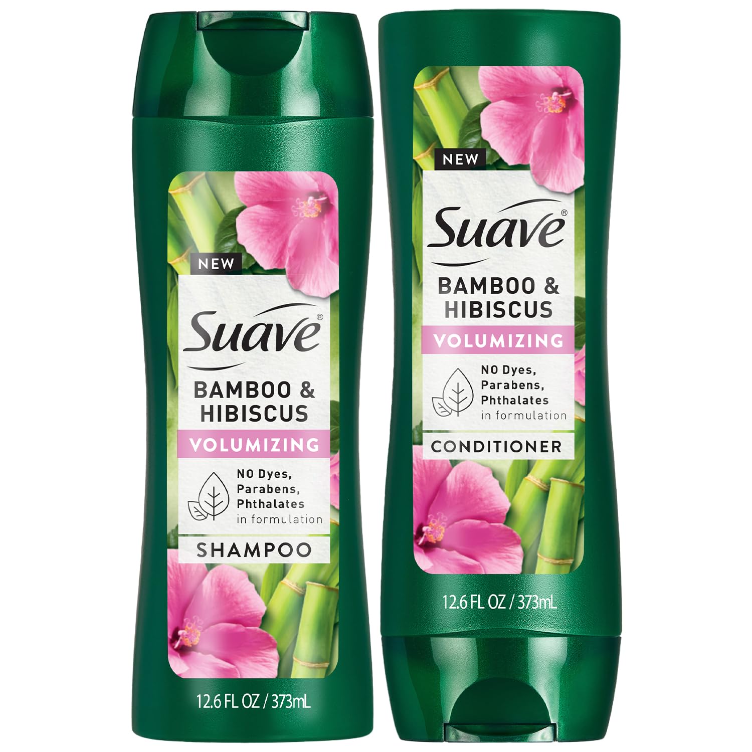 Suave Bamboo & Hibiscus shampoo bottle demonstrates volumizing potential for fine hair.