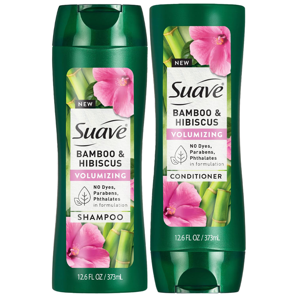 Suave Bamboo & Hibiscus shampoo bottle demonstrates volumizing potential for fine hair.