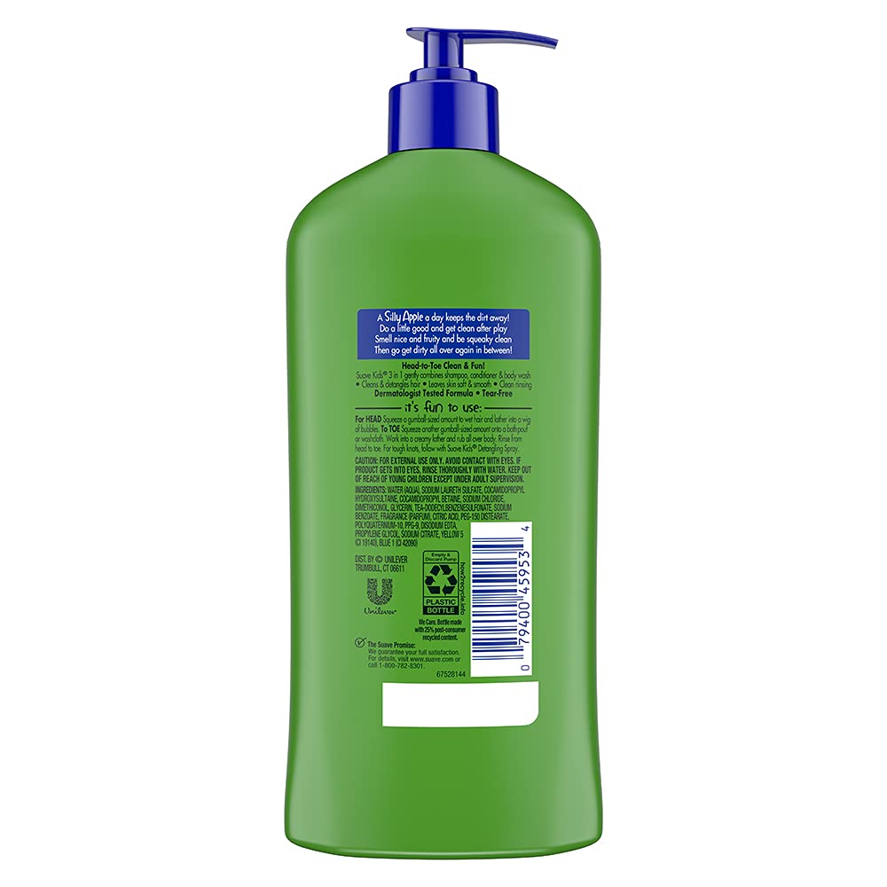 Suave Silly Apple 3-in-1 foam-lather image highlights easy rinse and kid-friendly routine