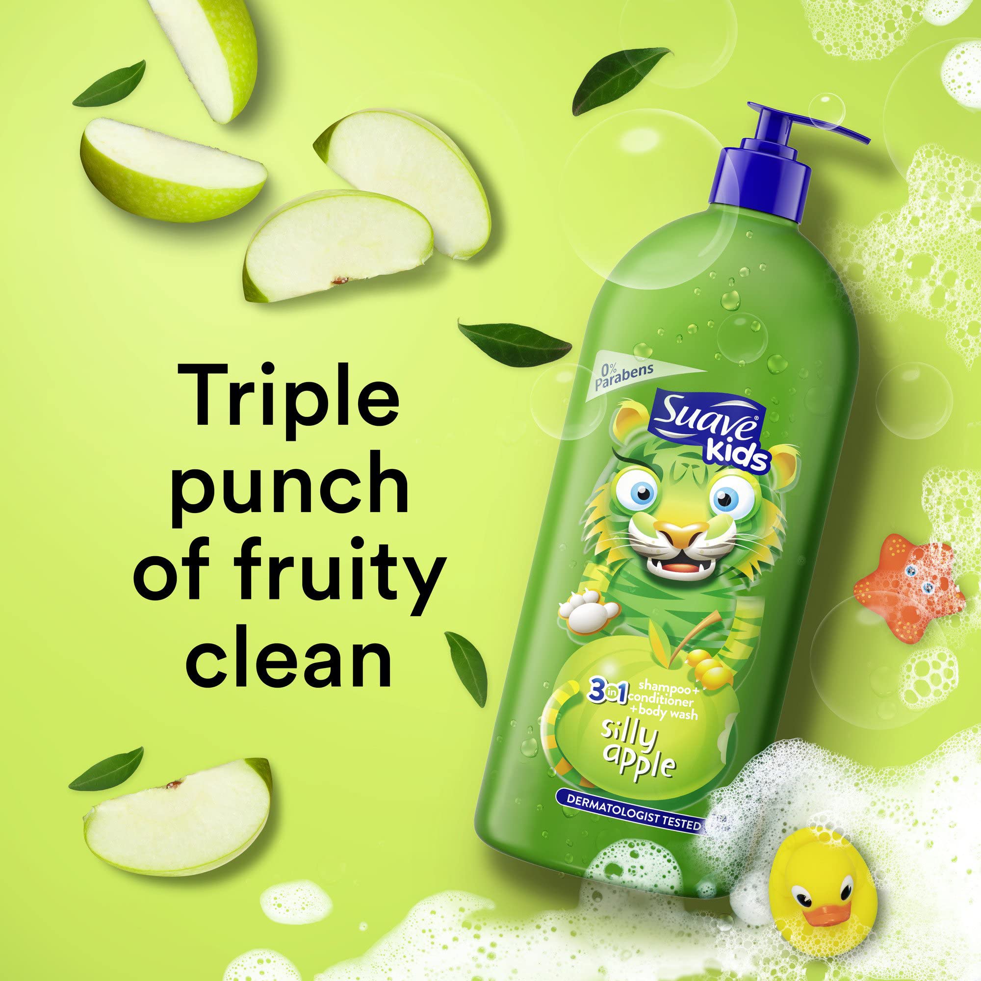 Suave Silly Apple 3-in-1 body-wash splash shot suggests refreshing wash after playtime