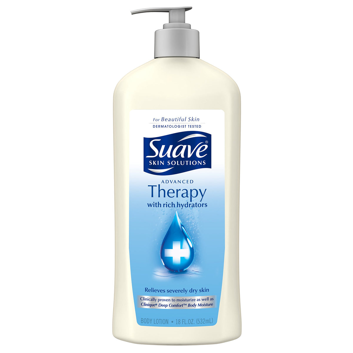 Suave Skin Solutions Advanced Therapy bottle front showing 24-hour moisturization promise