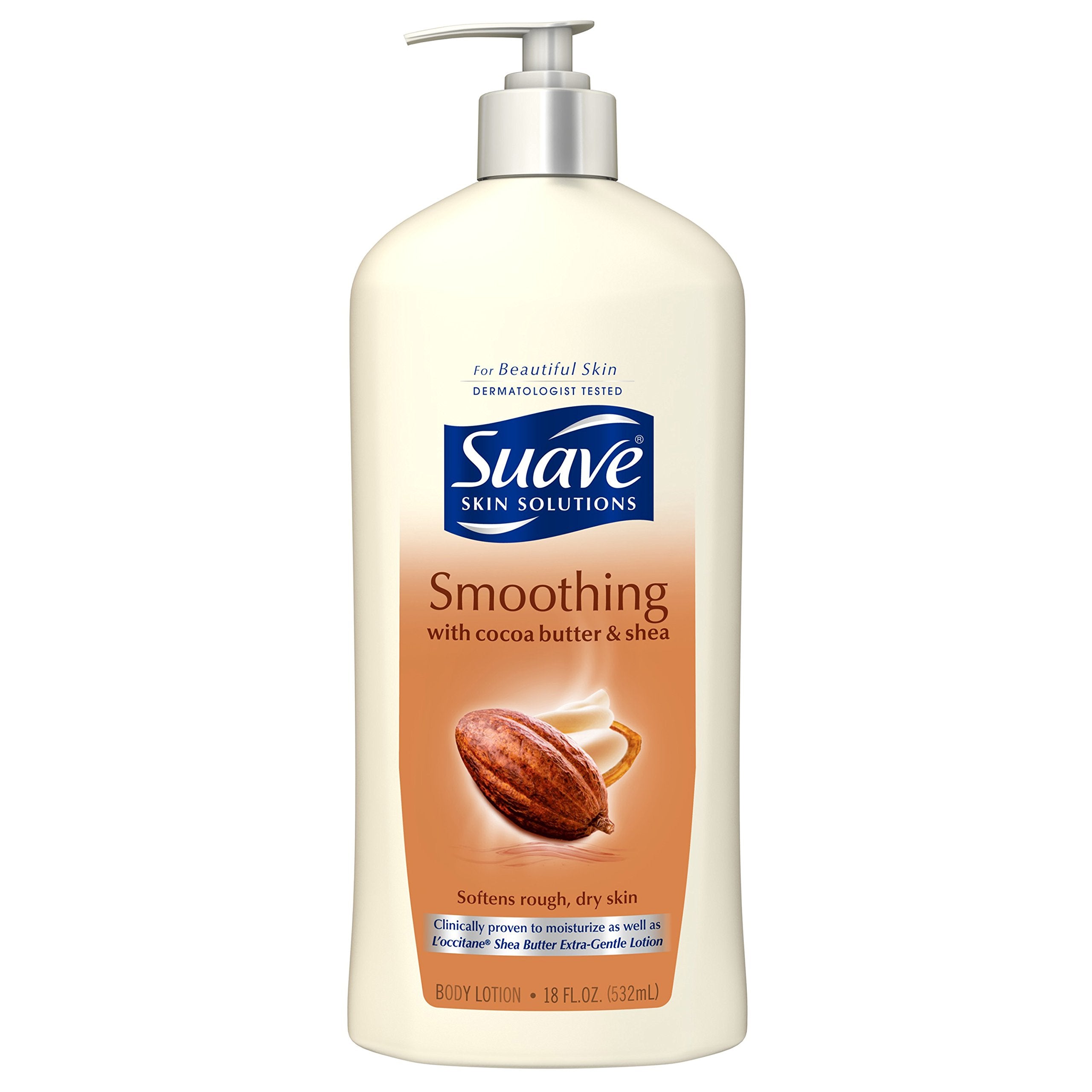 Unilever Suave Skin Solutions Cocoa Butter & Shea bottle provides lasting moisturization for dry skin.
