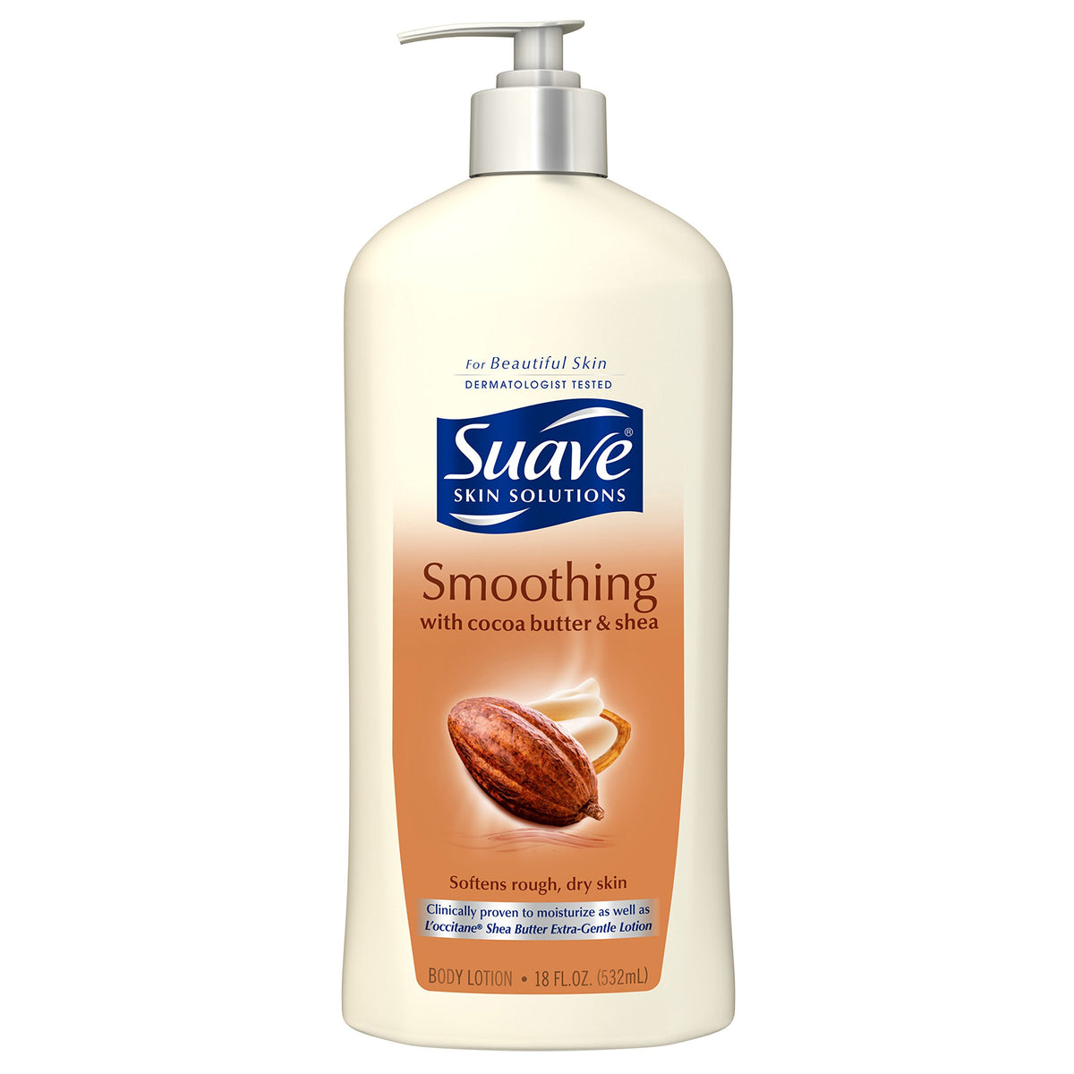 Unilever Suave Skin Solutions Cocoa Butter & Shea bottle provides lasting moisturization for dry skin.