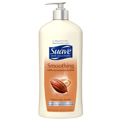 Unilever Suave Skin Solutions Cocoa Butter & Shea bottle provides lasting moisturization for dry skin.