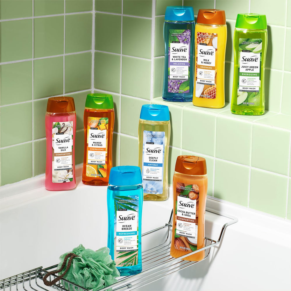 Suave squeeze onto pouf creating dense suds for gentle cleanse