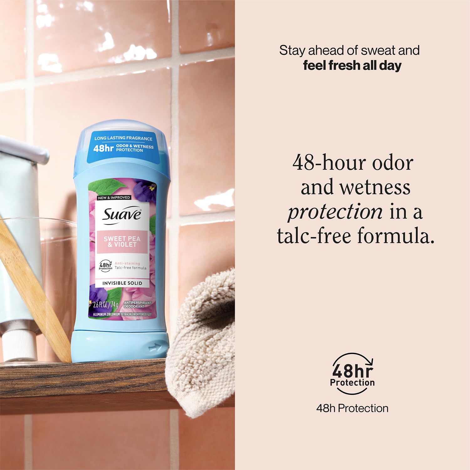 Suave stain-free underarm visual emphasizes no visible marks on clothes.