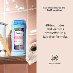 Suave stain-free underarm visual emphasizes no visible marks on clothes.