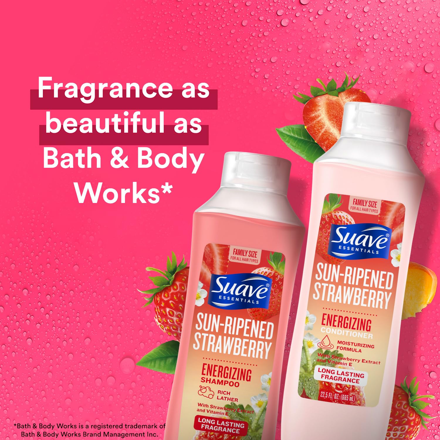 Suave Sun-Ripened Strawberry Conditioner bottle—for smoother, frizz-free hair.