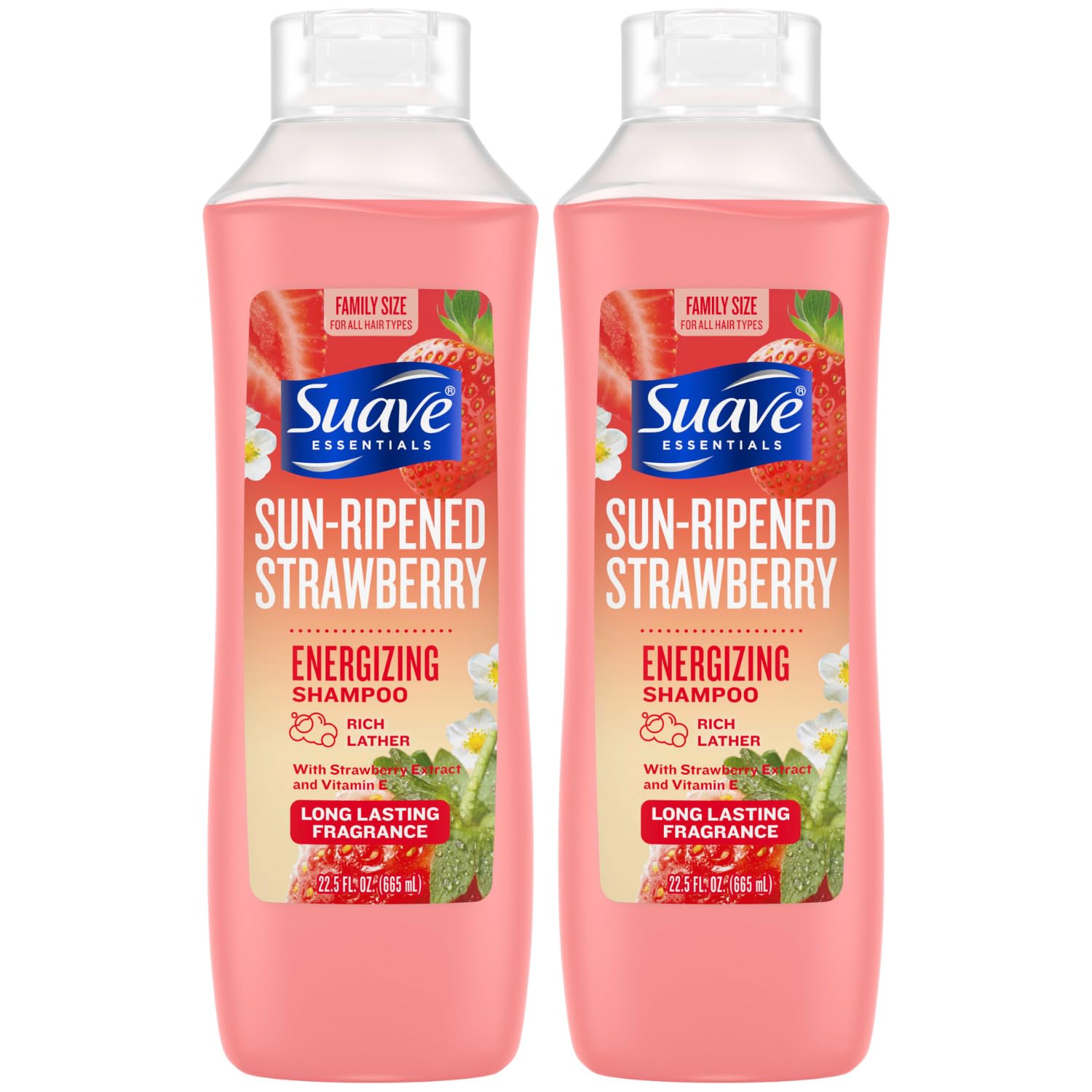 Suave Sun-Ripened Strawberry shampoo bottle for refreshing cleanse.