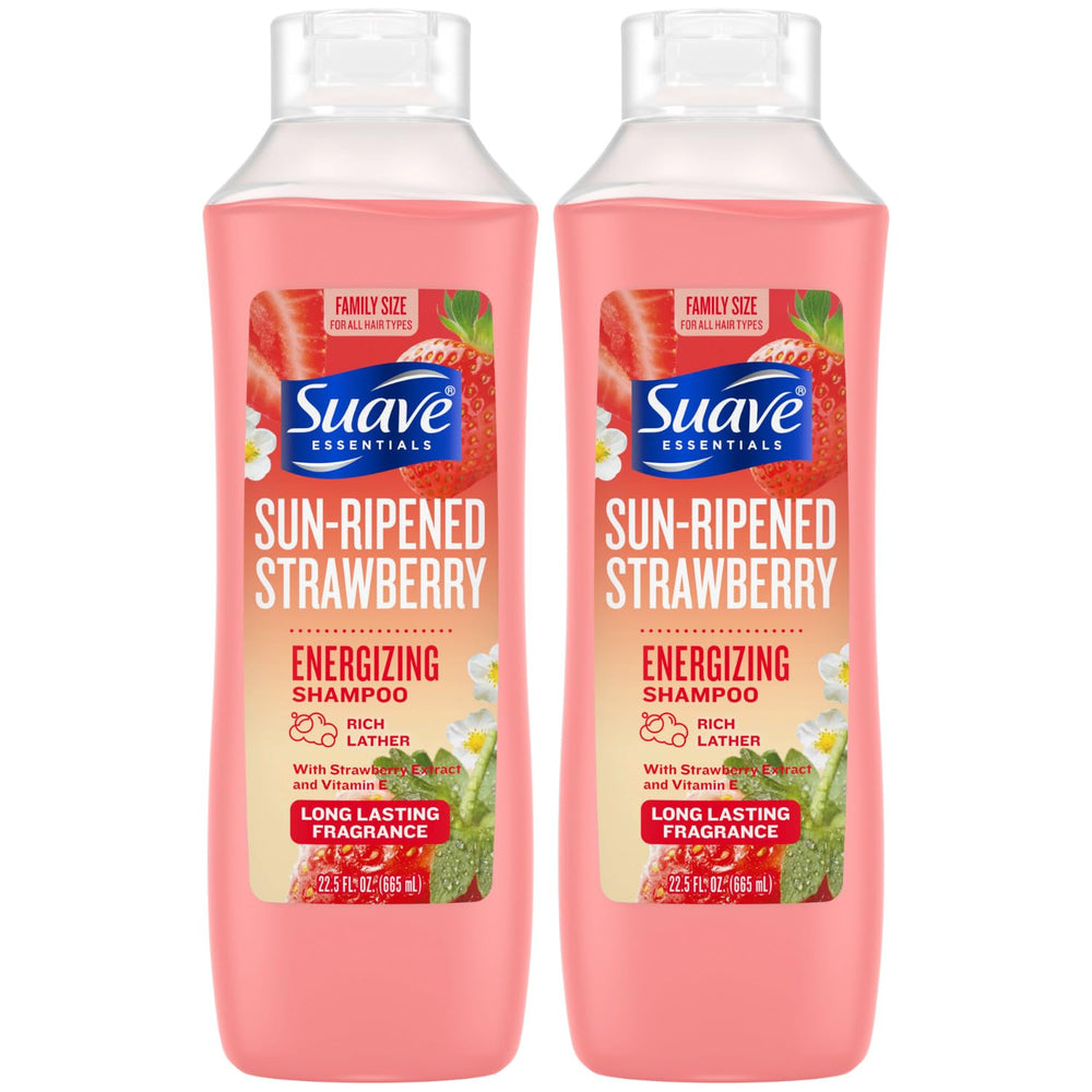 Suave Sun-Ripened Strawberry shampoo bottle for refreshing cleanse.