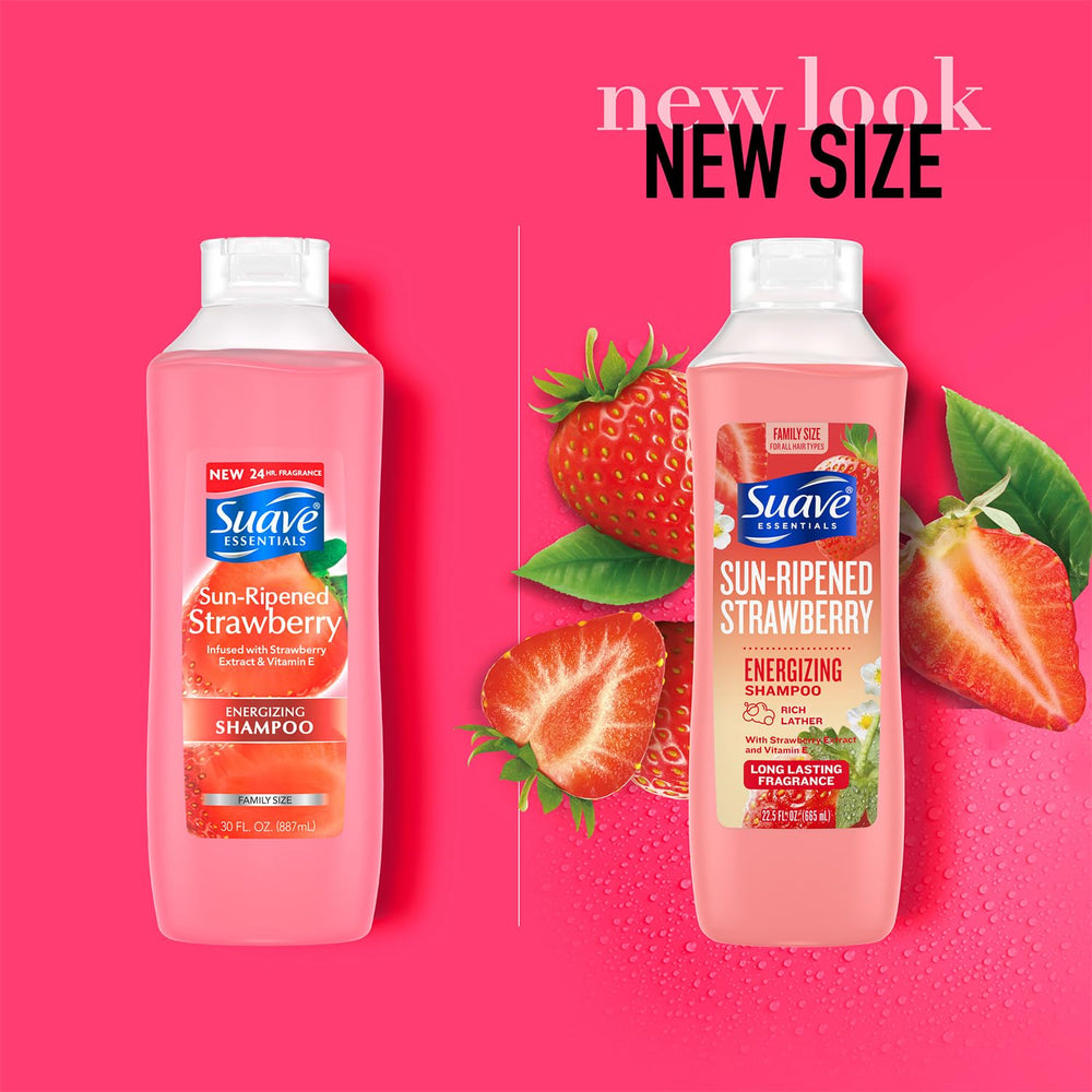 Suave Sun-Ripened Strawberry shampoo pour ready for daily wash.