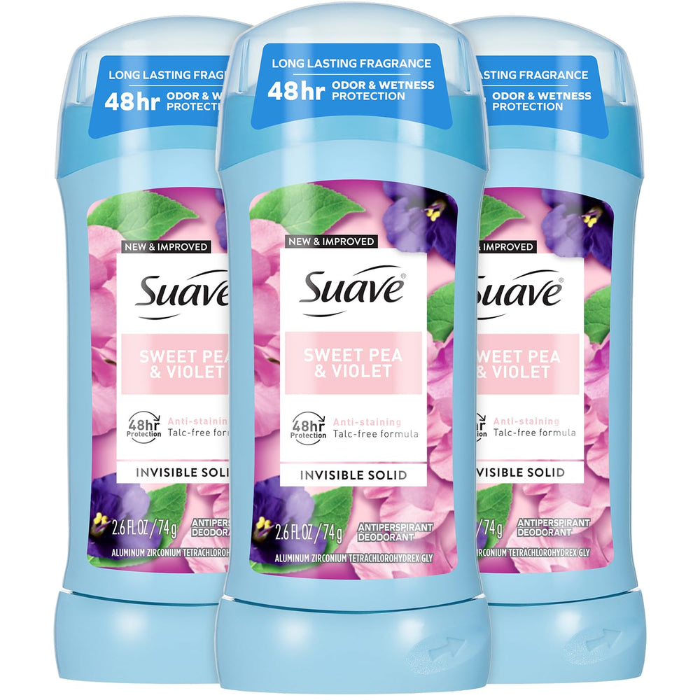 Suave Sweet Pea & Violet deodorant stick close-up showing smooth application and a gentle glide.