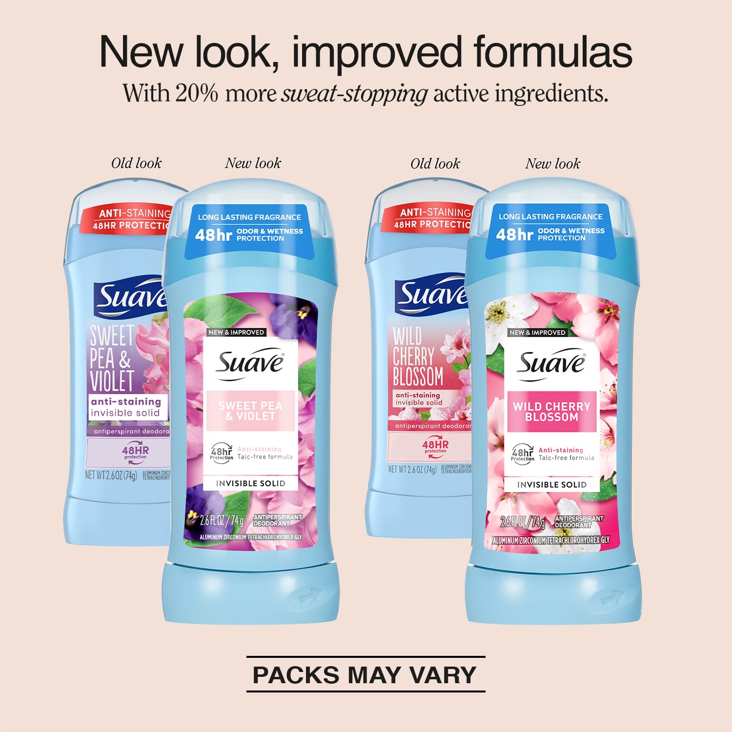 Suave Sweet Pea Violet pack-front shows a versatile 4-pack for home or travel