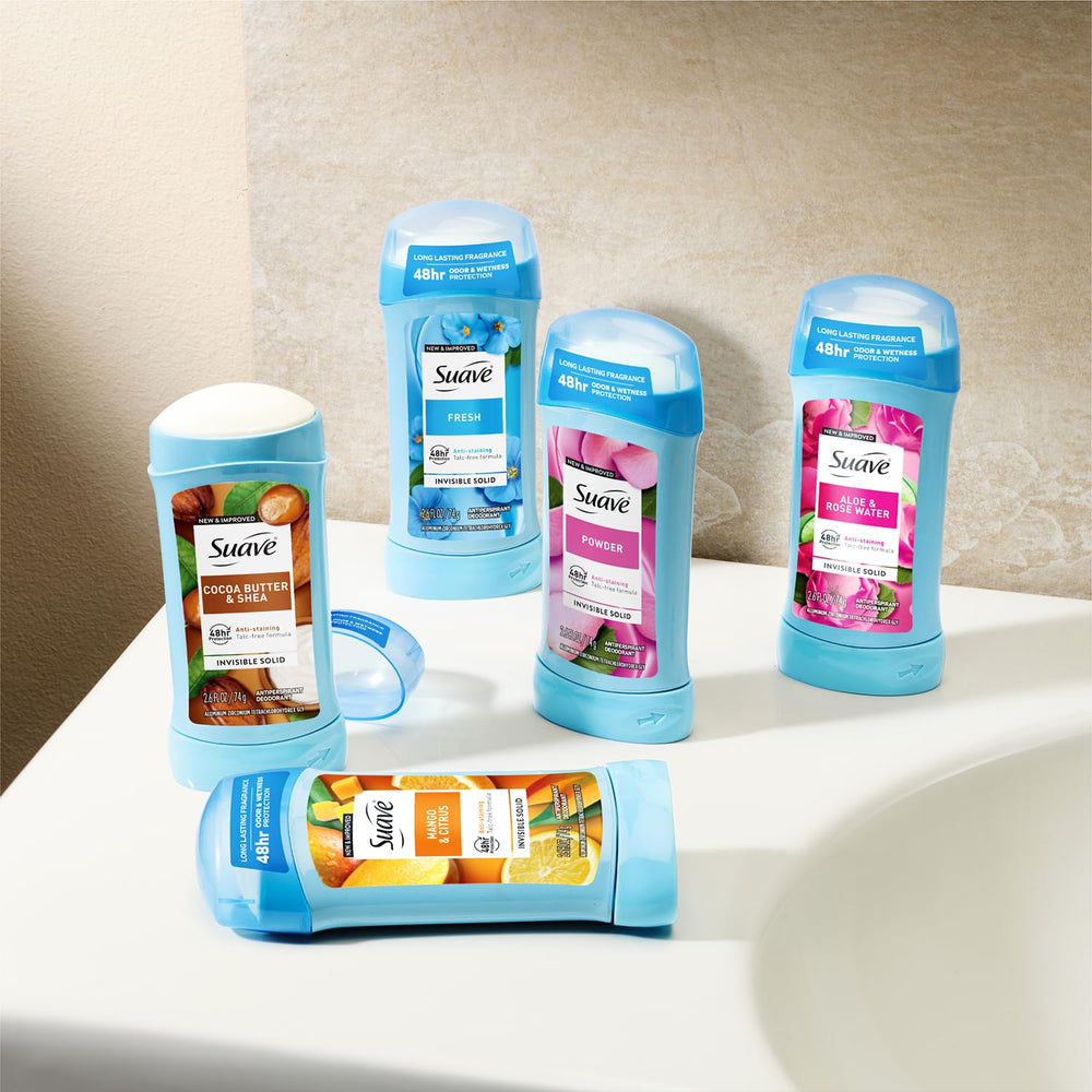 Suave talc-free formula close-up signals skin-friendly, comfortable daily use.