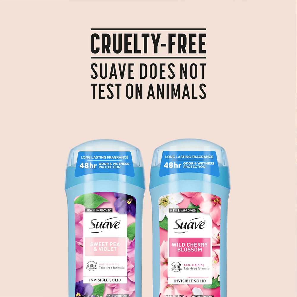 Suave talc-free-label highlights a cleaner formula with skin-friendly ingredients
