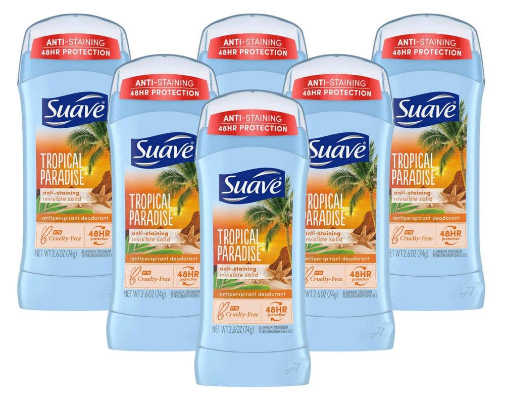 Suave Tropic Paradise deodorant bottle with tropical scent for all-day freshness