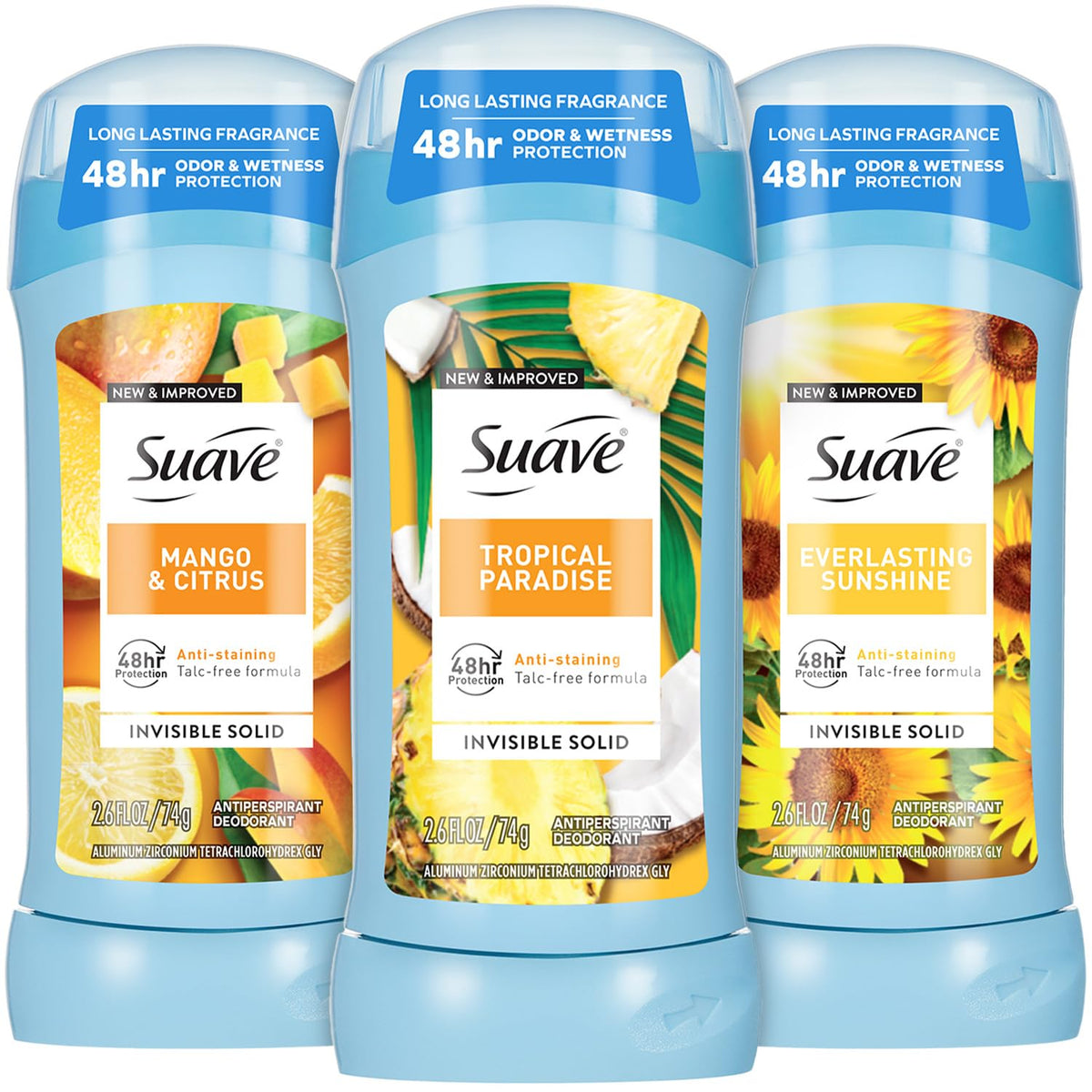 Suave Tropical Paradise deodorant stick showing invisible protection for skin and clothes.