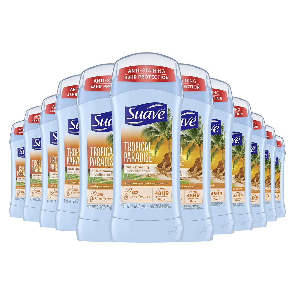Suave Tropical Paradise invisible solid deodorant stick offers all-day freshness with a clear finish.