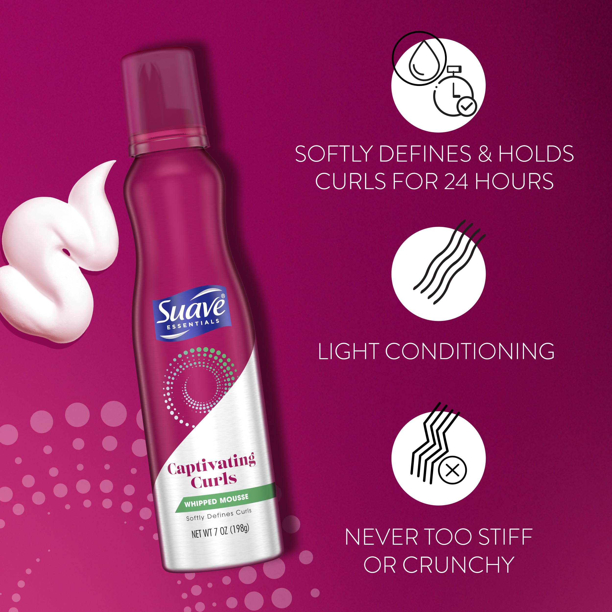 Suave Whipped Mousse anti-frizz finish delivers smoother, frizz-controlled hair.