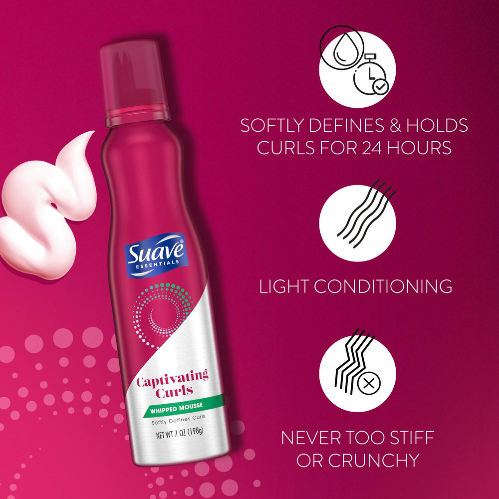 Suave Whipped Mousse anti-frizz finish delivers smoother, frizz-controlled hair.