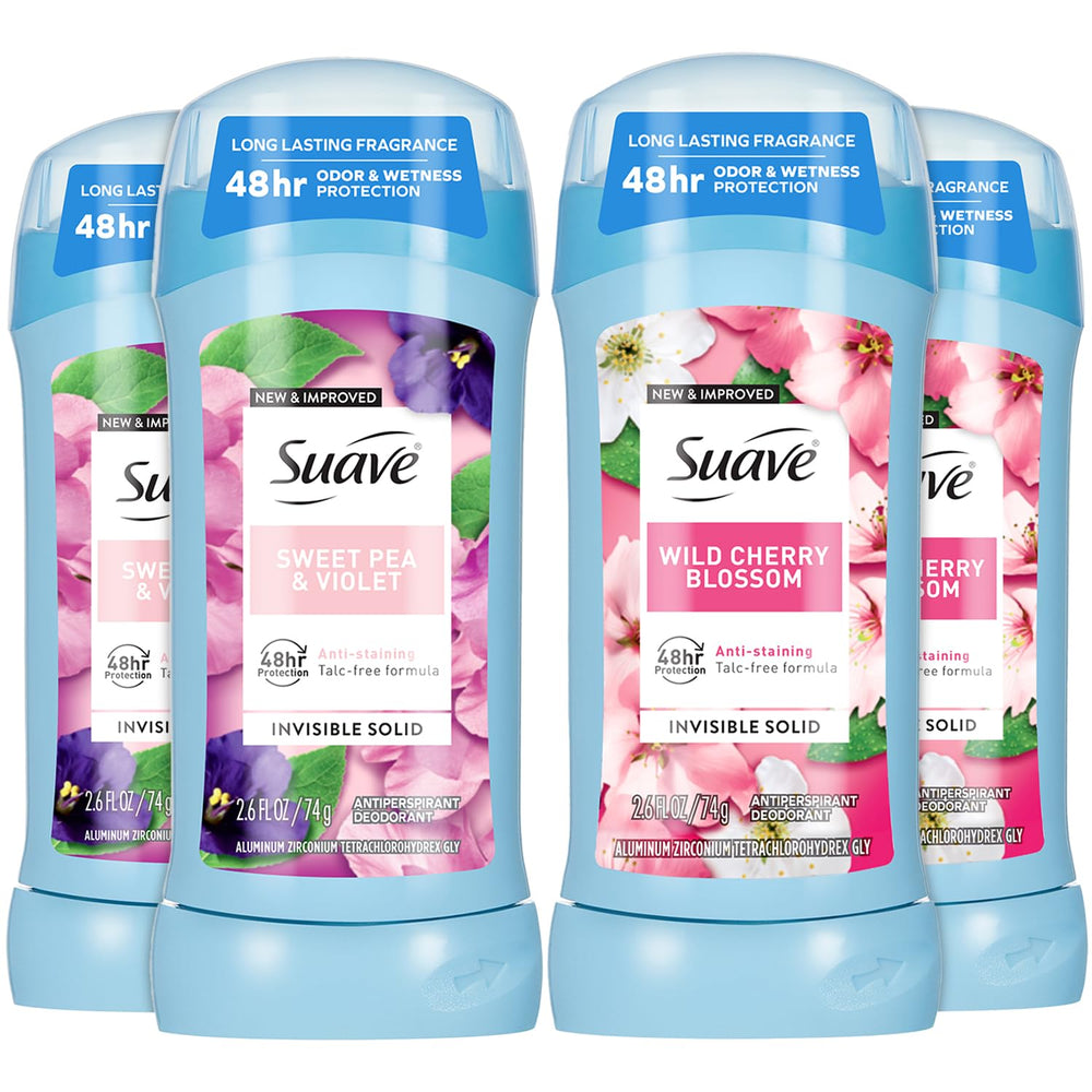 Suave Wild Cherry Blossom pack-front shows talc-free invisible deodorant for daily wear