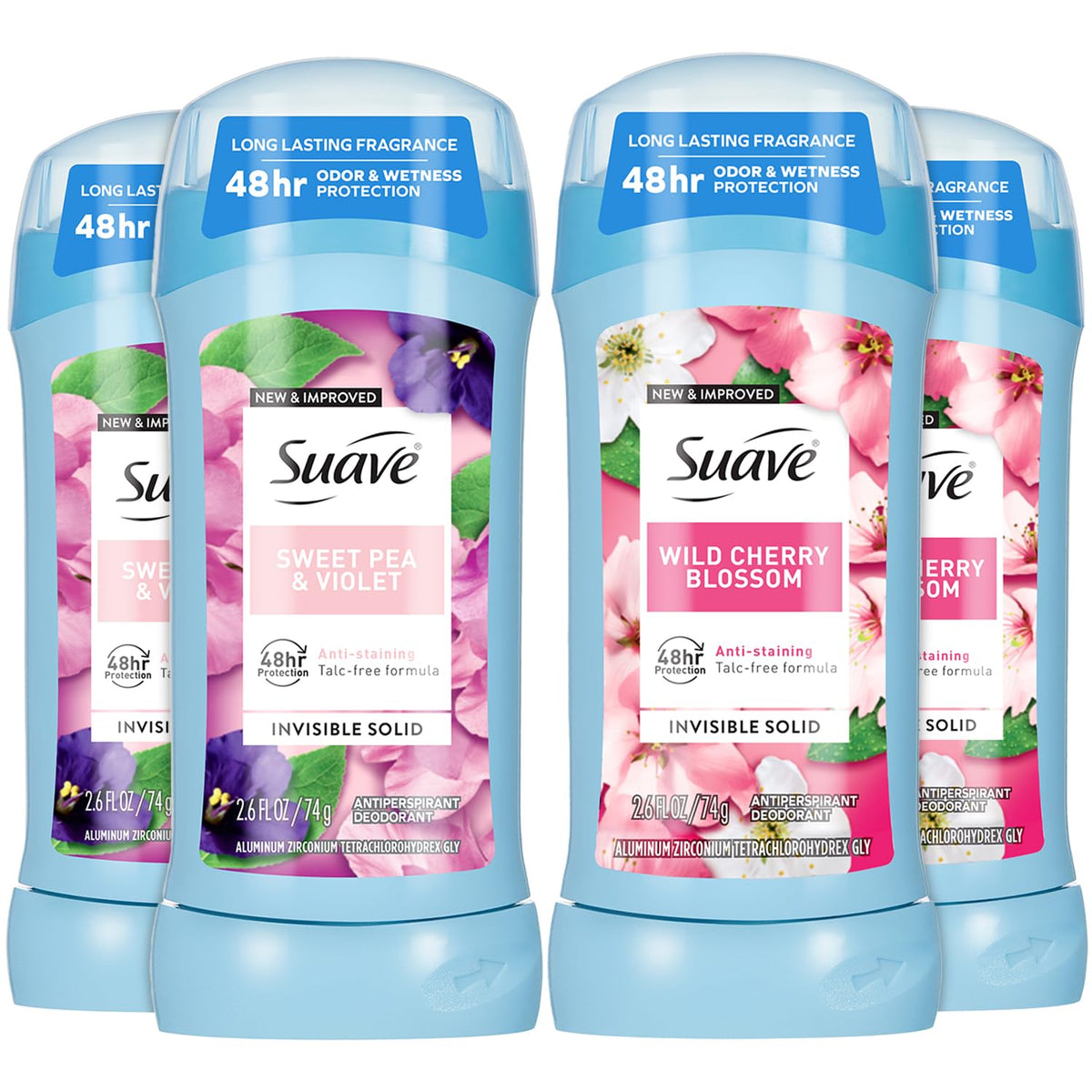 Suave Wild Cherry Blossom pack-front shows talc-free invisible deodorant for daily wear