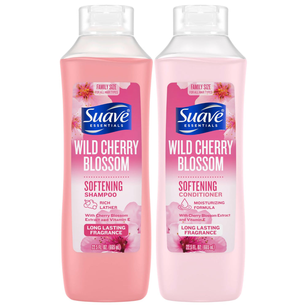Suave Wild Cherry Blossom shampoo bottle with rich lather for everyday cleansing.