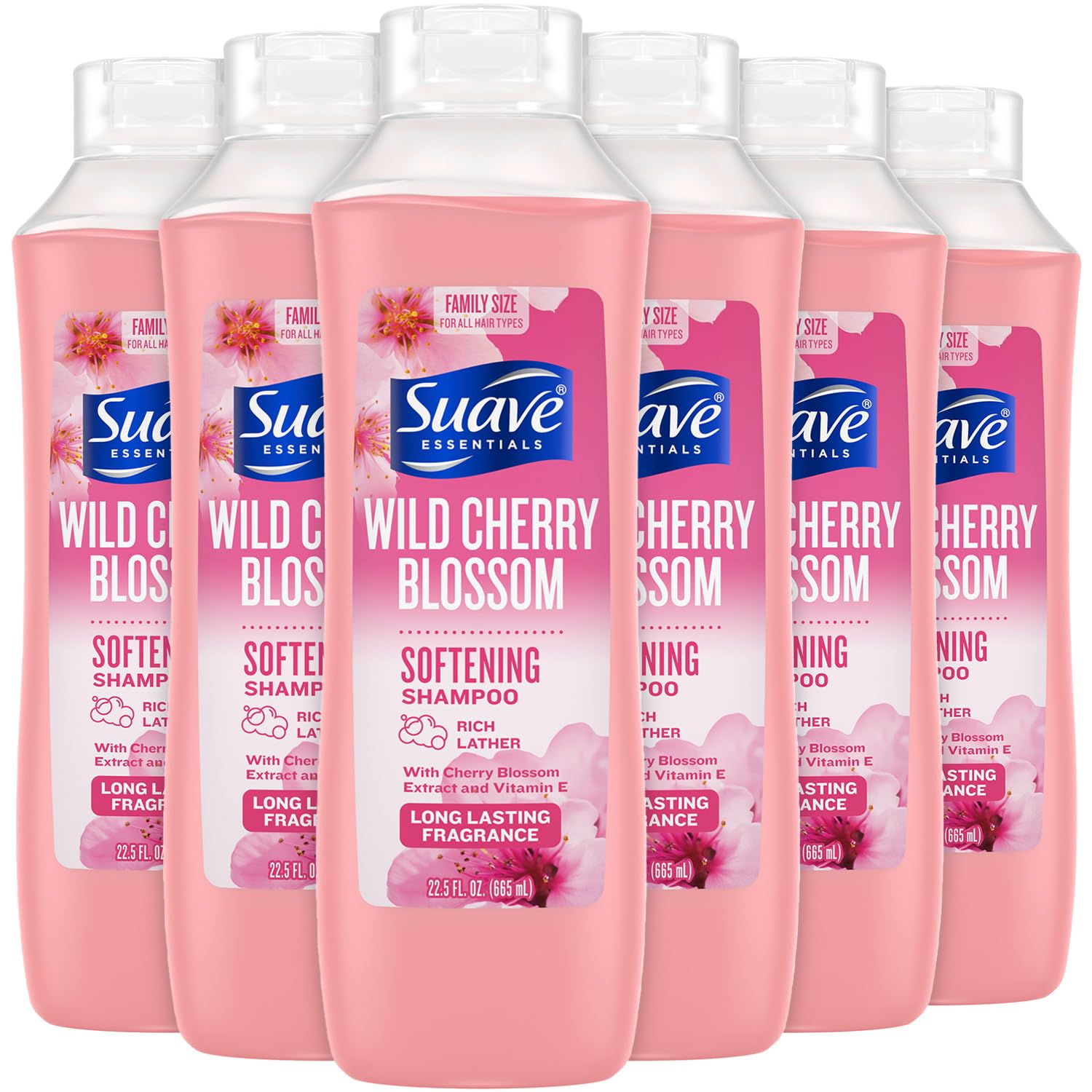 Suave Wild Cherry Blossom shampoo hero bottle showing fragrance-ready design for daily refreshment
