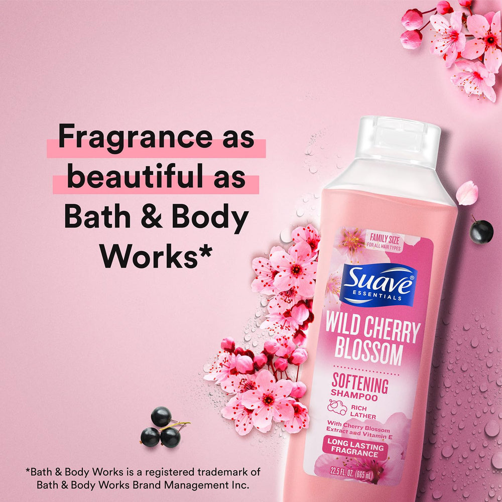 Creamy lather of Suave Wild Cherry Blossom shampoo emphasizes gentle cleansing