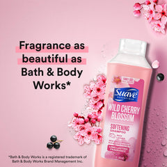 Creamy lather of Suave Wild Cherry Blossom shampoo emphasizes gentle cleansing