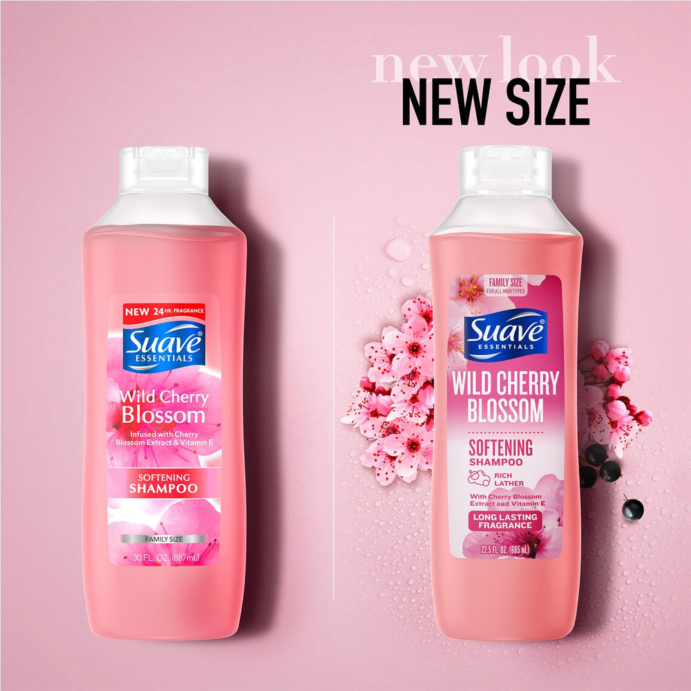 Close up of Suave Wild Cherry Blossom shampoo pour shot highlighting easy application